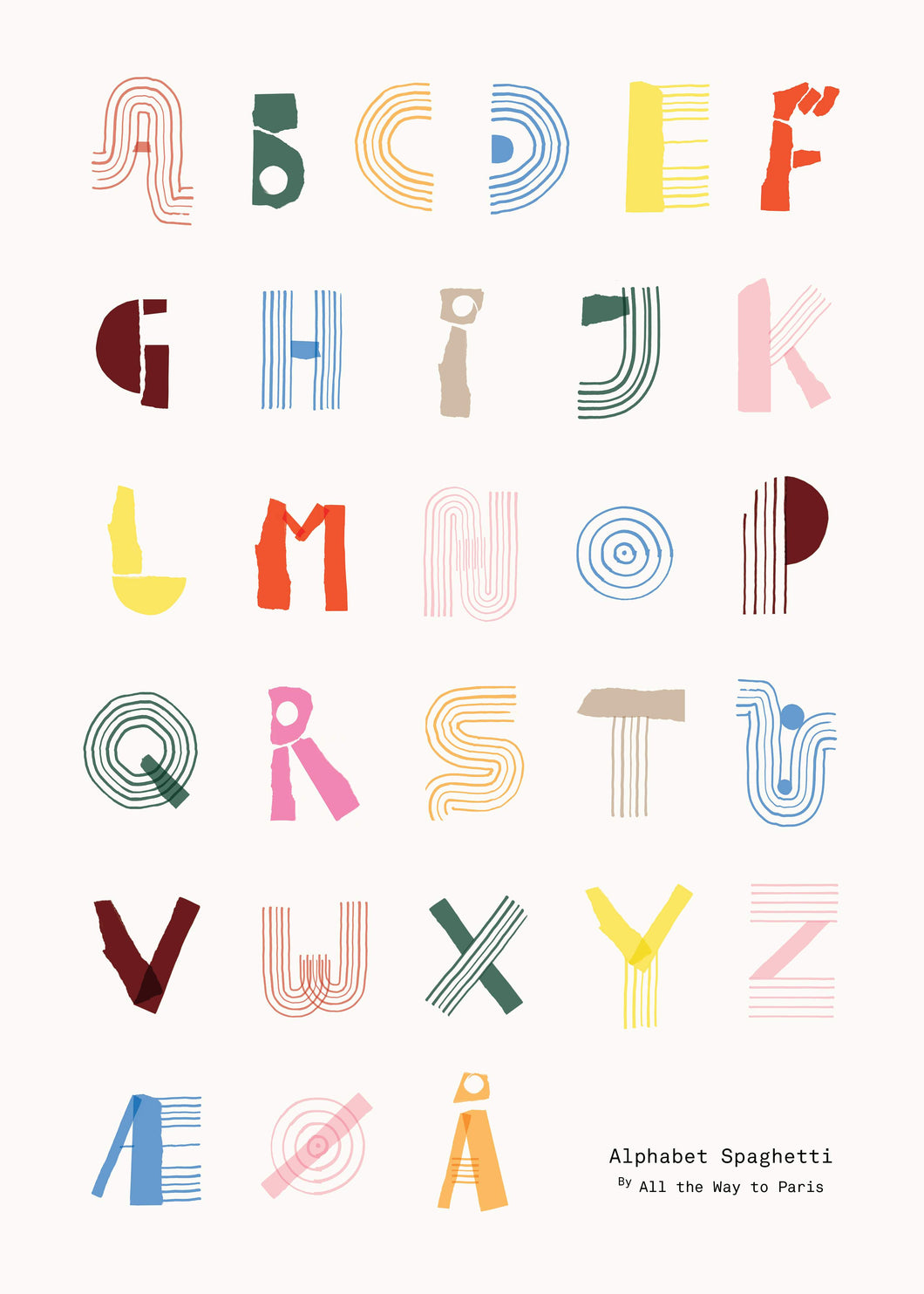 Alphabet Spaghetti - färgglad (danska)
